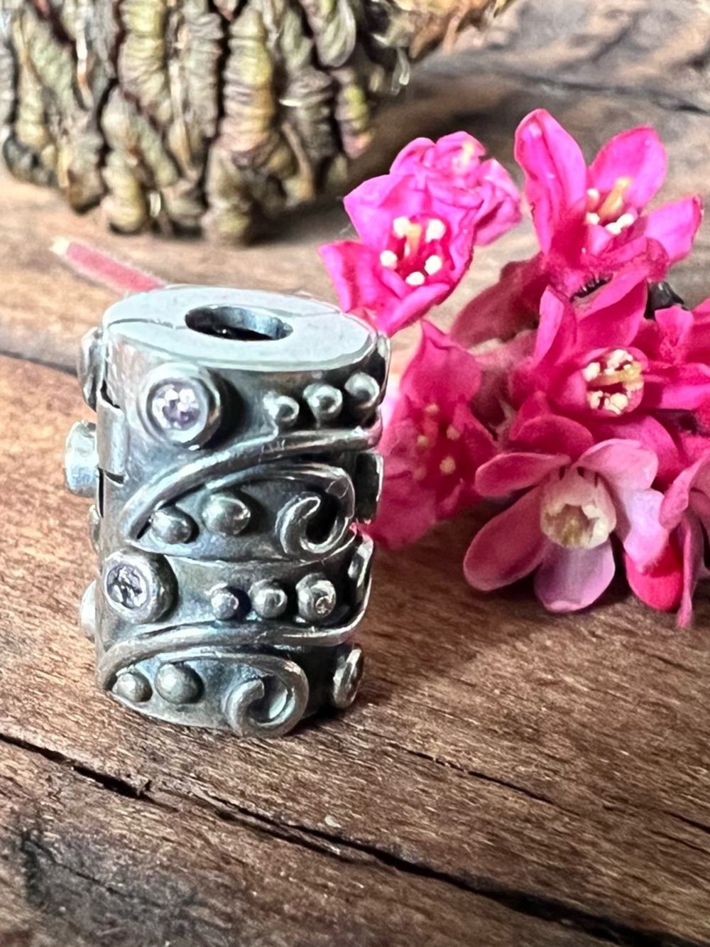 2x Authentic Pandora Tendril Pink CZ Clip Charm Bead Clips Oxidized Silver Swirl